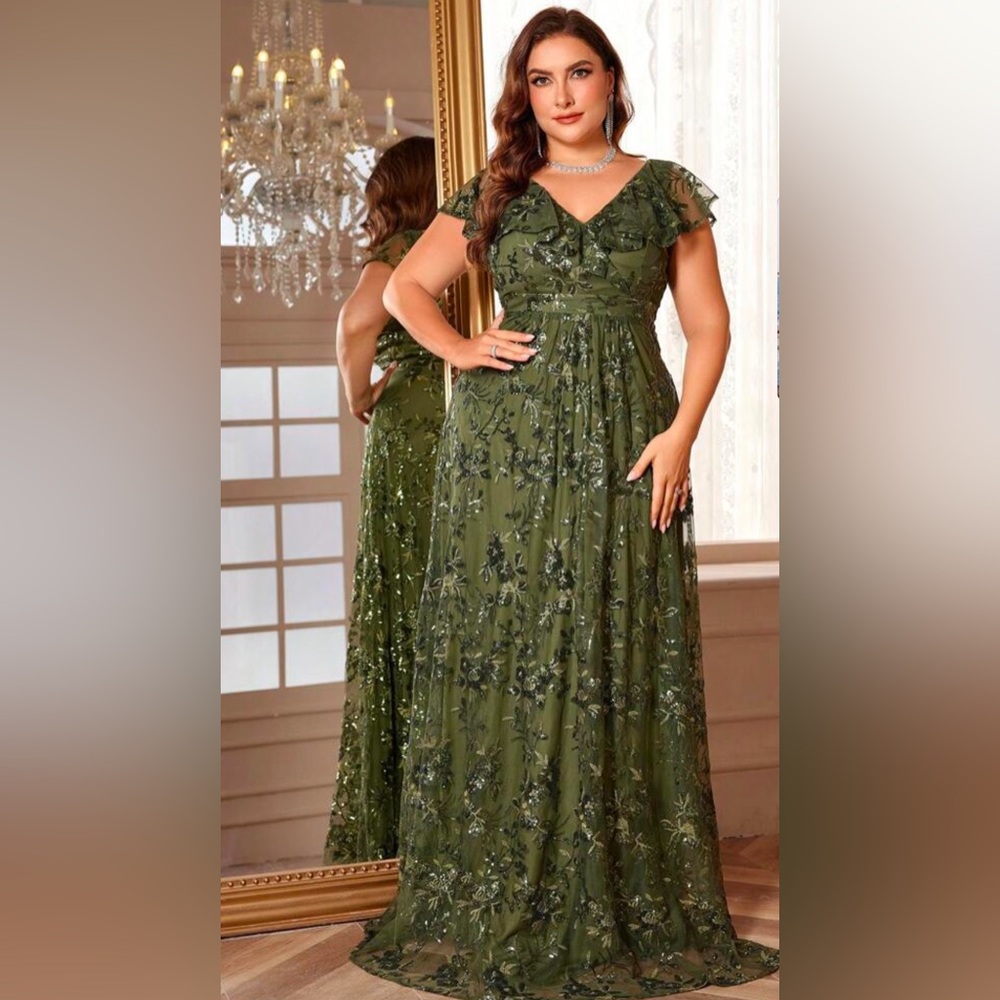 Elegant Olive Green Floral Wedding Dress